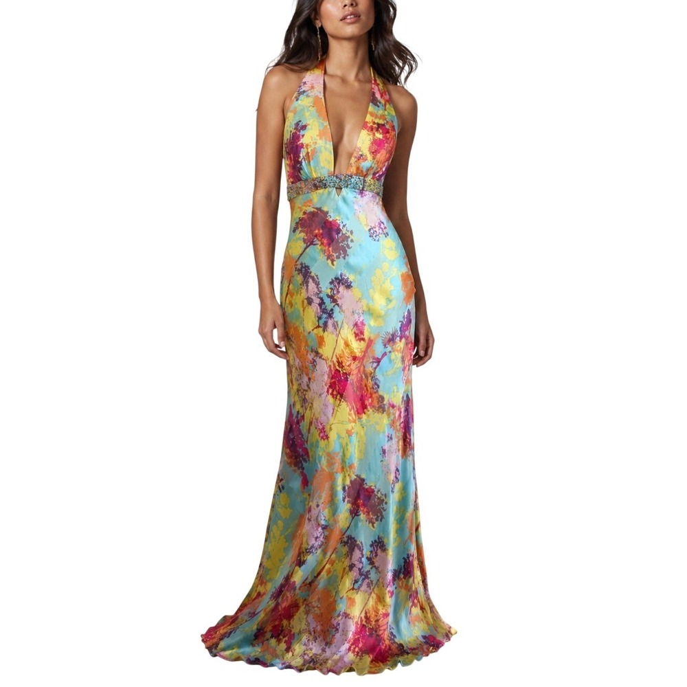 Vintage Y2K Bright Nature Watercolor Embellished Empire Halter Maxi Silk Dress